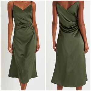 Lulus Satin Midi Dress Wedding Guest Hoco Formal Cocktail Size Large Olive Green